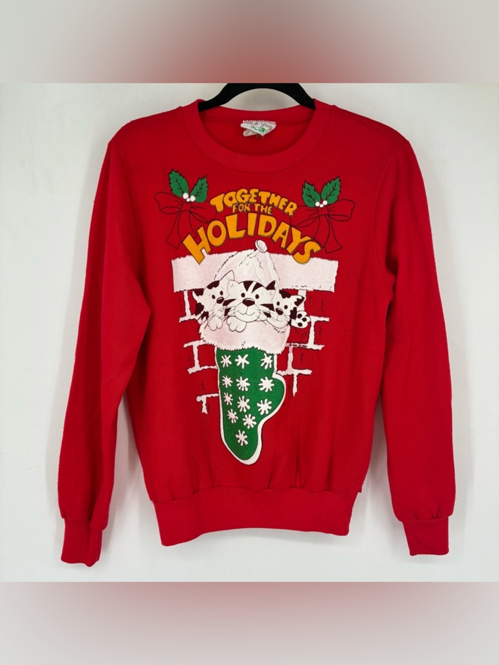 Vintage 80s B J Frog Medium Cat Kitty Christmas Sweater Red Holiday Ugly Retro